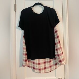 3 for $12 Black & Red Check Plaid knit tee w/ high low asymmetric hem. Alya NWOT